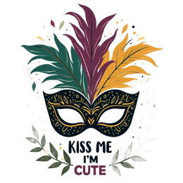 Colorful masquerade mask with green, maroon, yellow feathers and playful Kiss Me I'm Cute text