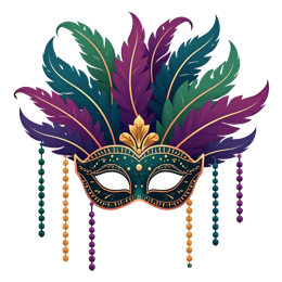 Elegant emerald green masquerade mask SVG with purple, green, and blue feathers and colorful bead strands
