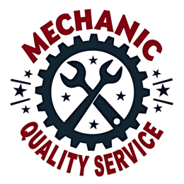 Mechanic logo with black gear and crossed wrenches, bold red text reading mechanic quality service on cream background
