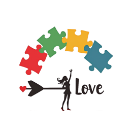 Colorful love puzzle design with girl silhouette, heart arrow, and multicolored puzzle pieces in an arch