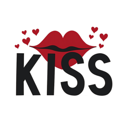 Bold KISS love design with red lips and floating hearts on beige background in modern flat style