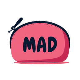 Bright pink round zippered pouch with bold dark MAD text in flat modern style SVG design