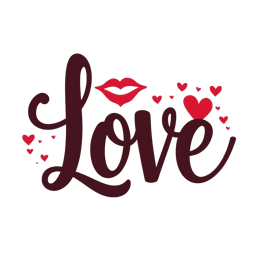 Love hearts design with red lips and scattered red hearts in a playful, modern style