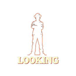 Looking silhouette of a man with orange outline and bold text on black background