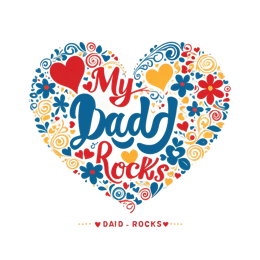 Colorful My Daddy Rocks heart SVG with flowers, hearts, and swirls in bright red, blue, and yellow for dad gifts