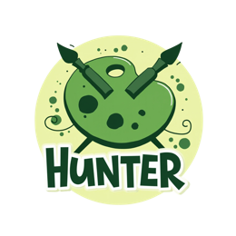 Playful green paint palette logo with crossed paintbrushes and whimsical swirls in cartoon style