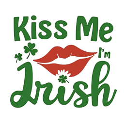 Kiss Me I'm Irish SVG design with green text, red lips, and shamrocks for St. Patrick's Day crafts