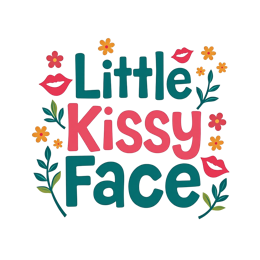 Little Kissy Face SVG with colorful text, flowers, green leaves, and red lips on white background