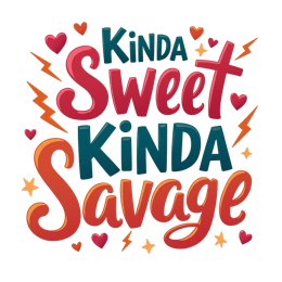 Kinda Sweet Kinda Savage colorful cartoon text SVG with hearts, stars, and lightning bolts on white background