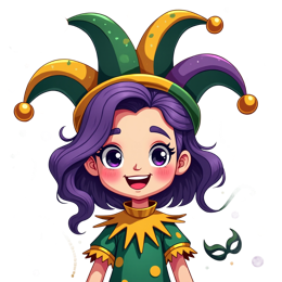 Colorful jester girl SVG with green and yellow costume, purple hair, and festive jester hat with bells