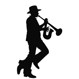 Silhouette of a man playing trumpet in jazz performance with wide-brimmed hat, black and white minimalist design
