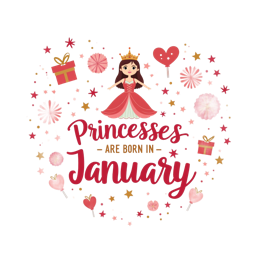 January princess birthday design with cute girl in red dress, crown, hearts, and festive decorations