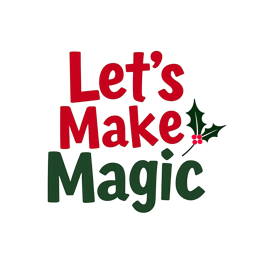 Holiday magic text design in red and green with holly decoration on white background