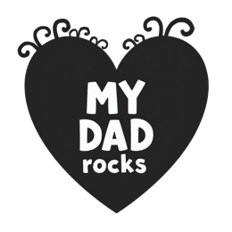 My Dad Rocks black heart design with bold white text and playful font on white background