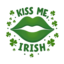 Cartoon green lips with shamrocks and bold Kiss Me Irish text on white background