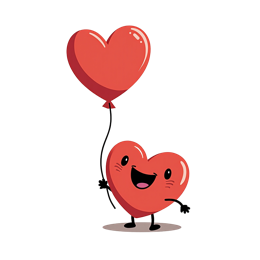 Cute red heart cartoon character holding a smiling heart-shaped balloon on white background
