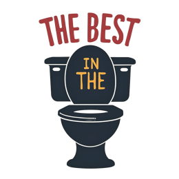 Cartoon-style funny toilet design with bold red and orange lettering on a beige background