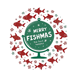 Merry Fishmas SVG with green ornament and red cartoon fish swimming around, festive holiday design