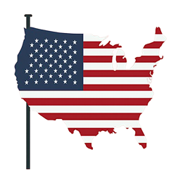 Stylized USA map filled with American flag colors red, white, and blue on a pink background