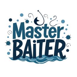 Master Baiter fishing design with blue text, hooks, waves, and playful fish illustrations on a light background