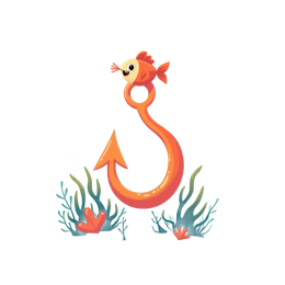 Colorful cartoon underwater fish hook with happy orange and blue fish, bubbles, and sea plants in bright playful style