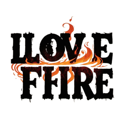 Bold fire typography design with flaming letters saying I LOVE FIRE in black and orange flames
