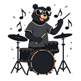 Cartoon black bear wearing sunglasses playing drums with musical notes and stars in bright colors