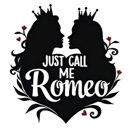 Silhouette of two crowned women inside a heart with playful Romeo text and decorative hearts and vines