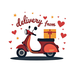Cartoon red delivery scooter with yellow gift box and hearts SVG design for Cricut and Silhouette