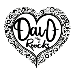 Black and white heart design with 'Dad My Rocks' typography and decorative swirl patterns for father appreciation gifts