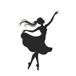 Minimalist black silhouette of a woman dancing gracefully in a flowing dress on a beige background