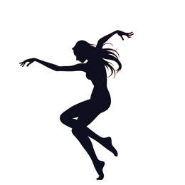 Black silhouette of a woman dancing with arms outstretched on a vibrant colorful gradient background