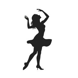 Black silhouette of a woman dancing gracefully with flowing hair on a white background