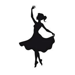 Black silhouette of a graceful ballet dancer in motion with a flowing dress on a white background