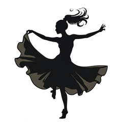 Elegant black silhouette of a woman dancer in a flowing circle skirt on a light background