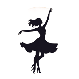 Minimalist black silhouette of a joyful woman dancer in a flowing dress with a soft peach circle background