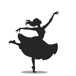 Black silhouette of a graceful dancer in mid-pose with flowing hair on a light cream background