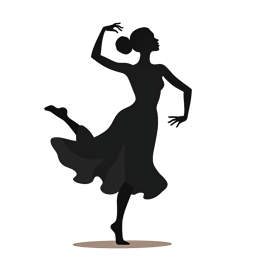 Minimalist black silhouette of a graceful dancing woman with flowing dress on beige background