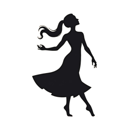 Minimalist black silhouette of a woman dancing with a flowing dress on beige background