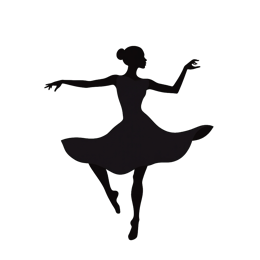 Black silhouette of a graceful ballet dancer in mid-motion with a flowing dress on a white background