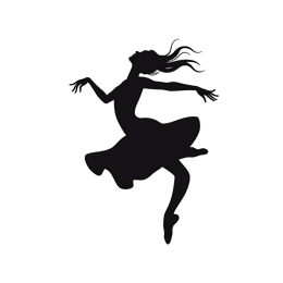 Black silhouette of a joyful dancing woman in a flowing dress on a white background