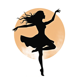 Silhouette of a graceful woman dancing with arms extended and flowing dress against a warm peach circle background