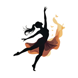 Silhouette of a woman dancer with flowing orange skirt and butterflies on a light background