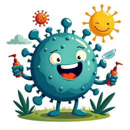 Cute cartoon virus character holding hand sanitizer bottles with smiling sun and nature background