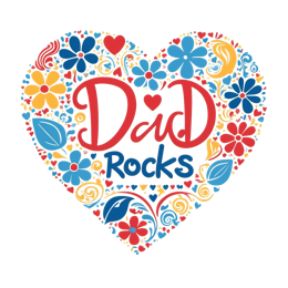 Dad Rocks heart design with colorful flowers and bright red and blue text on white background