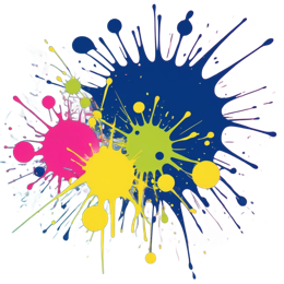 Colorful splash art design with bright pink, blue, yellow, and green paint splatters on a gradient background