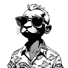 Cartoon cat man character wearing sunglasses and tropical fish shirt on a calm beach background SVG