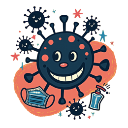 Colorful cartoon virus mascot with face mask and hand sanitizer on yellow background with stars