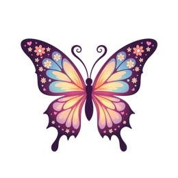 Colorful cartoon butterfly with purple, pink, blue, and yellow wings decorated with flowers and hearts in flat design style