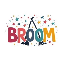 Colorful cartoon broom design with crossed broomsticks and colorful stars on a cream background